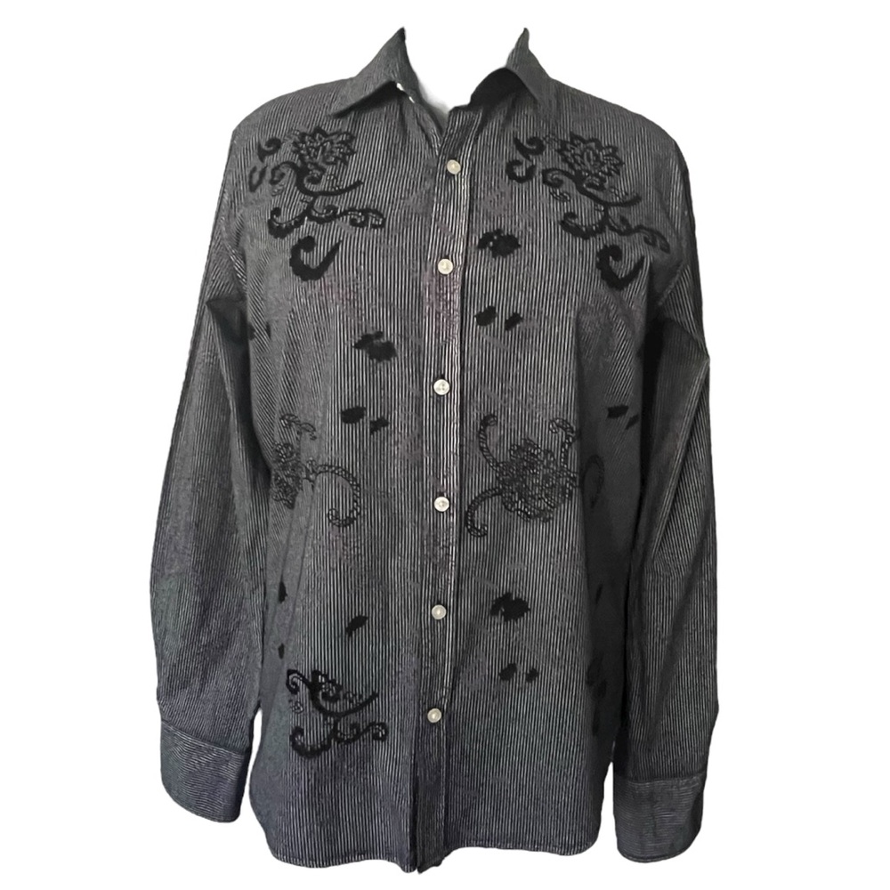 Vintage Red dark navy blue & white Button-Up Shirt w/ floral accents unisex Sz L